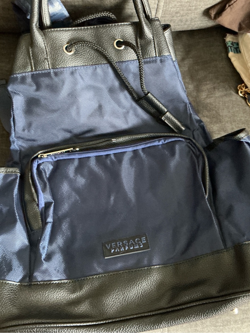 Versace Navy and Black Nylon Drawstring Backpack